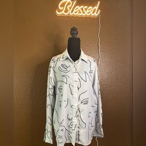 AKIRA White Abstract Line Art Men's Shirt